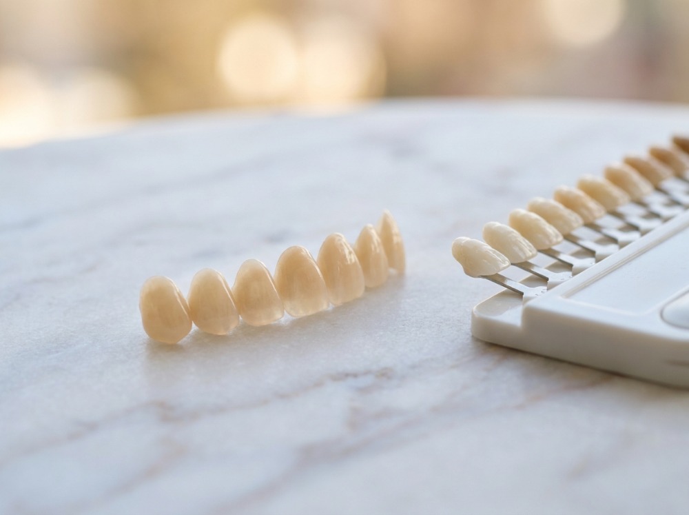 Porcelain veneers and a tooth shade guide